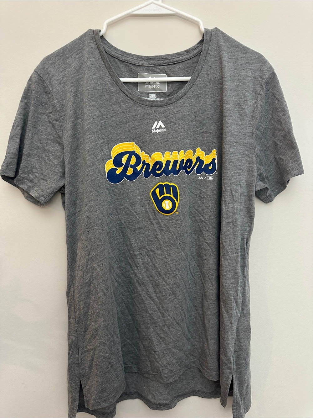 Majestic Gray Brewers Script Tee with Navy and Yellow Logo